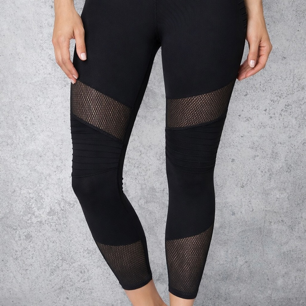 Betsey Johnson Moto Pintuck Mesh Panel Leggings Black Sz L Athleisure Yoga